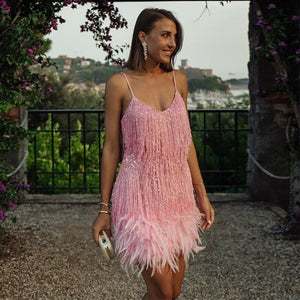 Miniabito Donna con Frange e Piume – Spalline Sottili, Stile Party-83329-ea554334-1798-4674-8621-c84428bc26e7