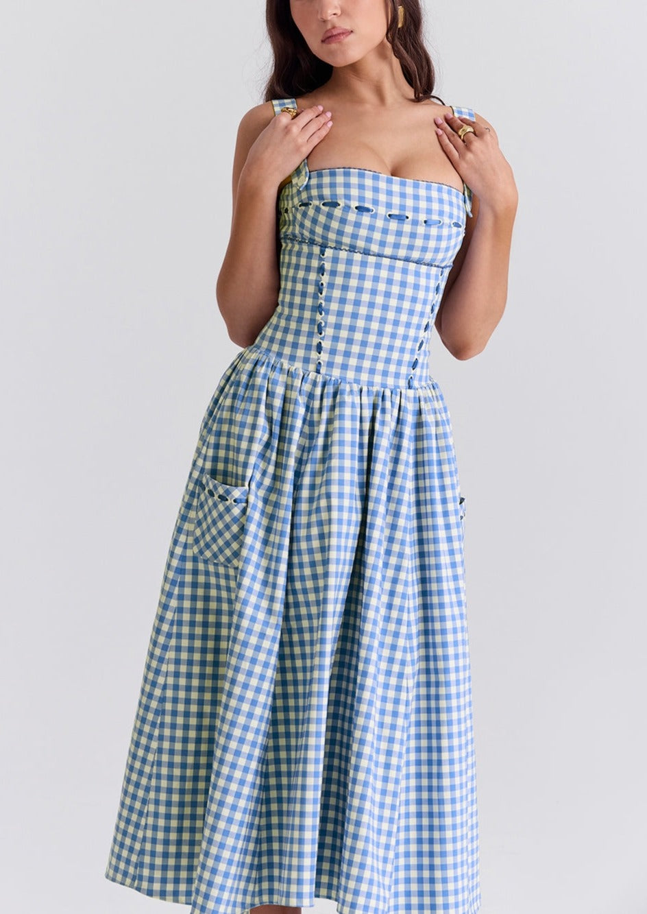 Abito Donna Gingham Scollo Quadrato Dettagli Bottoni Stile Classico-83592-f40d48a0-9034-4863-8f70-e87ce3e9d722