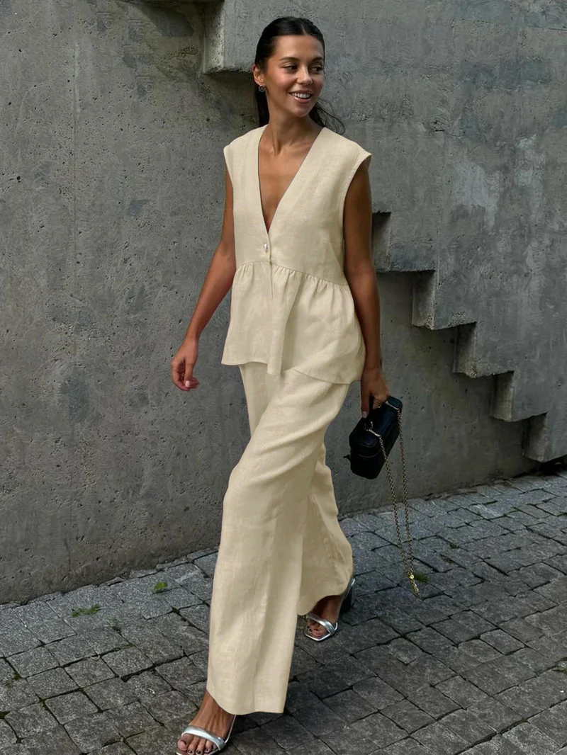 Dorio Moda Completo Due Pezzi Donna Lino – Top Senza Maniche & Pantaloni Palazzo Scollo a V-83272-f4de8f55-5acf-4d12-aacf-08c7b8ad49f0