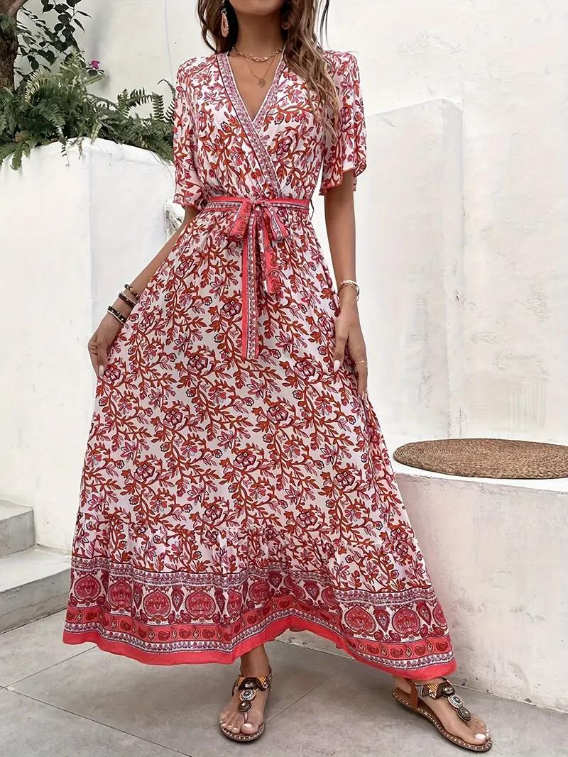 Abito Maxi Floreale con Scollo a V e Vita Annodata, Design Fluido per Vacanze Estive e Stile Bohemian-82359-ff2d5e0e-9334-4ee9-8381-9531a359b2ac