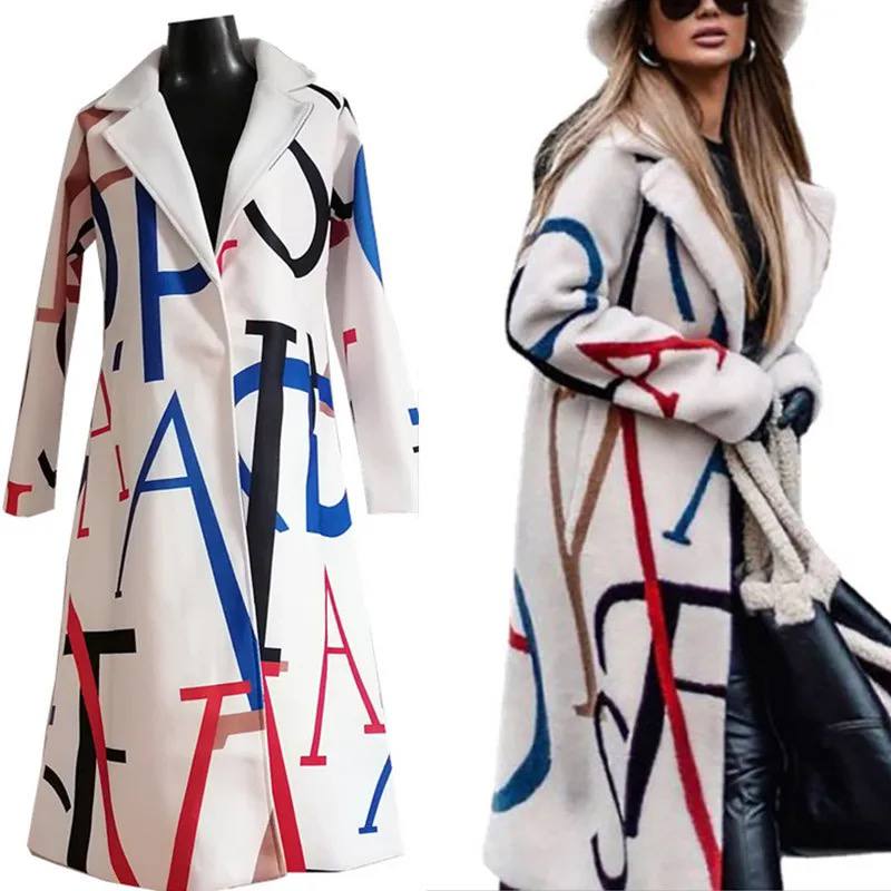 Cappotto Lungo Donna Crema Misto Lana con Scritte Audaci, Vestibilità Rilassata-55072-59499662082391